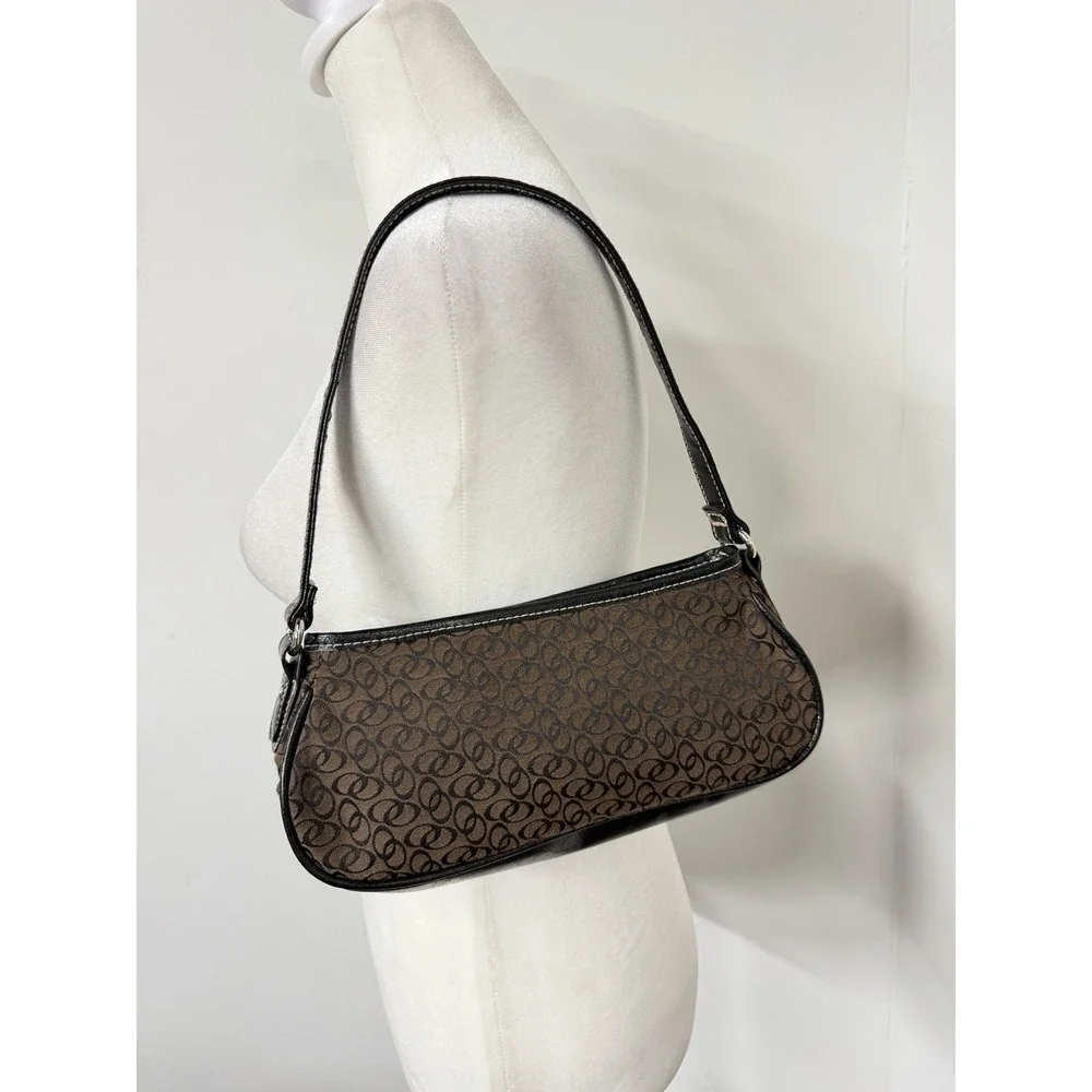 Vtg Y2K Small Baguette Shoulder Bag Brown Canvas Jacquard Black Leather Trim